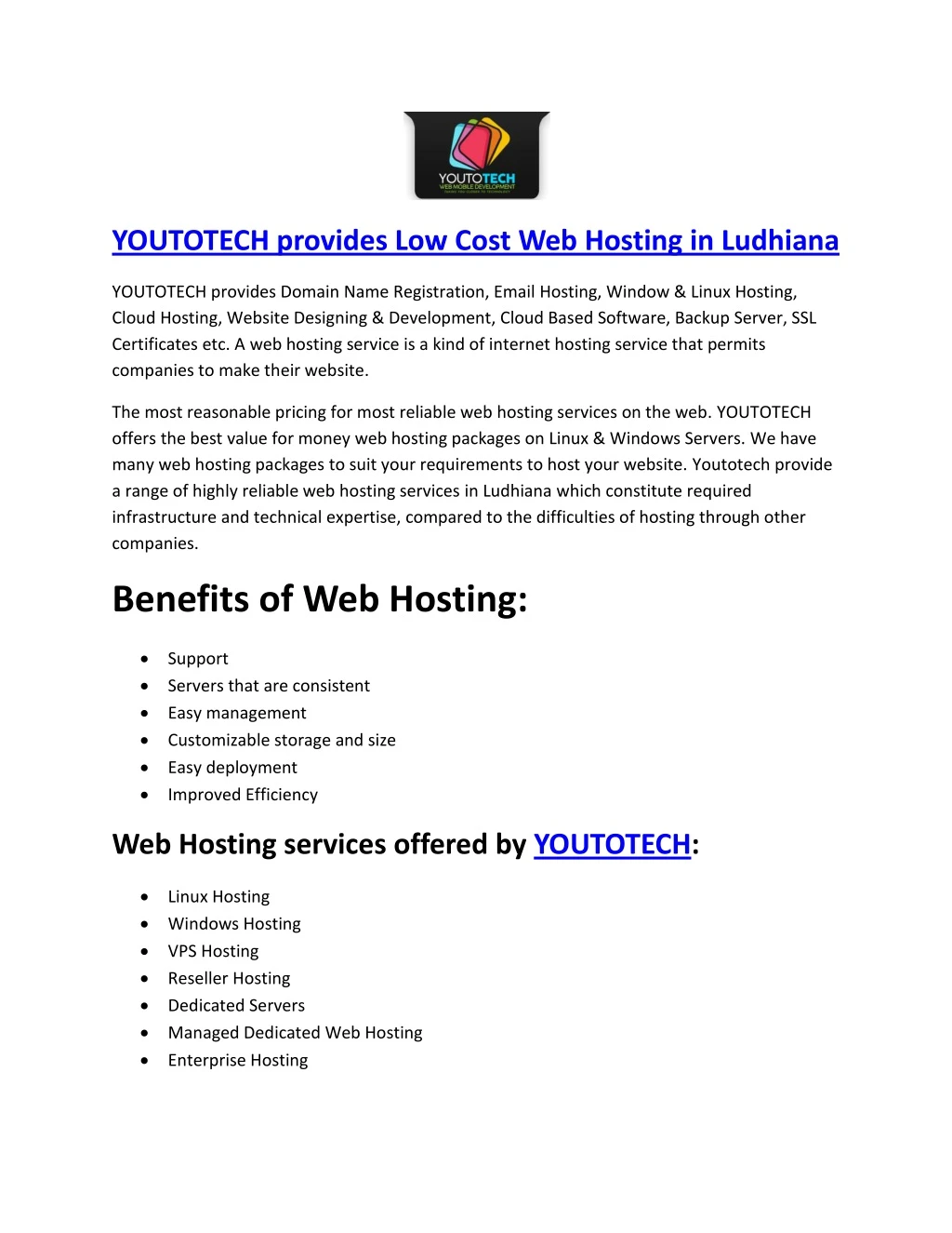 youtotech provides low cost web hosting