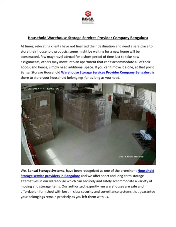 Household Warehouse Storage Services Provider Company Bengaluru