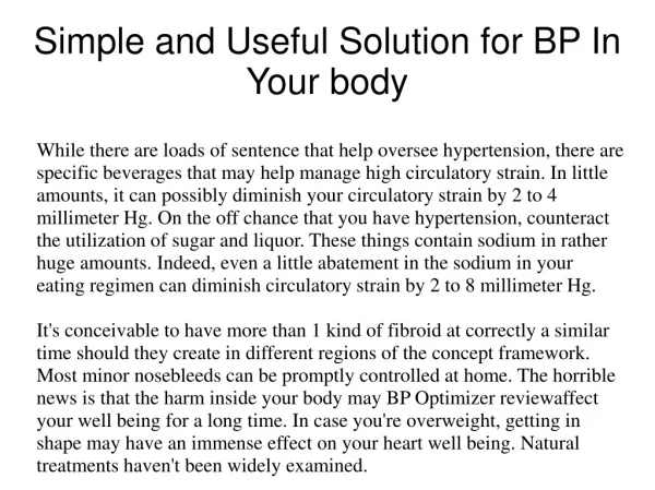 Simple and Useful Solution for BP In Your body