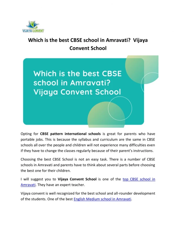 Which is the best CBSE school in Amravati? Vijaya Convent School