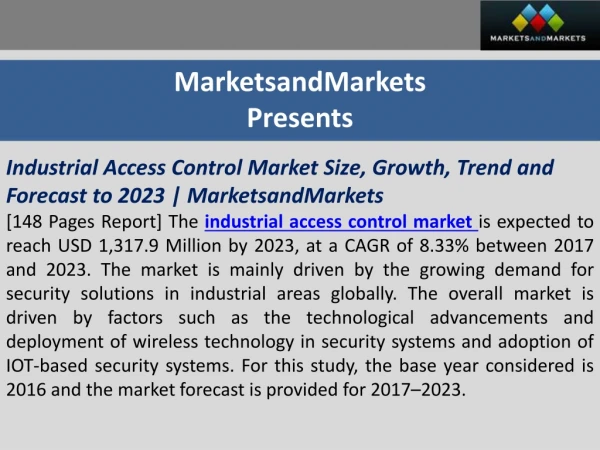 Industrial Access Control Market Size, Growth, Trend and Forecast to 2023 | MarketsandMarkets