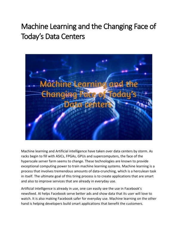 Machine Learning and the Changing Face of Today’s Data Centers