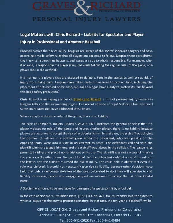 Legal Matters with Chris Richard – Liability for Spectator and Player Injury in Professional and Amateur Baseball