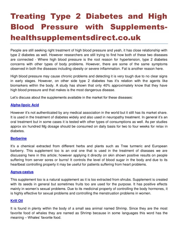 Treating Type 2 Diabetes and High Blood Pressure with Supplements healthsupplementsdirect.co.uk