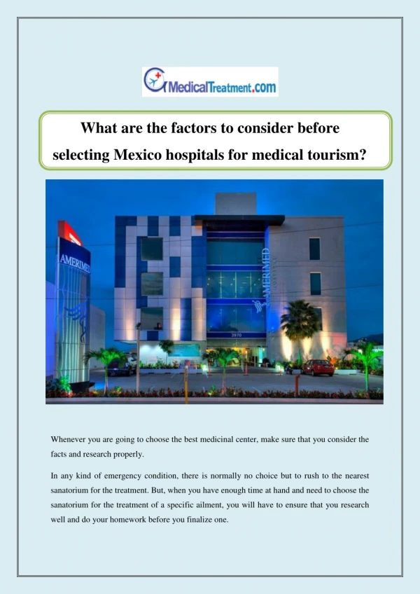 What are the factors to consider before selecting Mexico hospitals for medical tourism?
