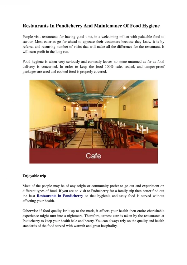 Restaurants In Pondicherry And Maintenance Of Food Hygiene