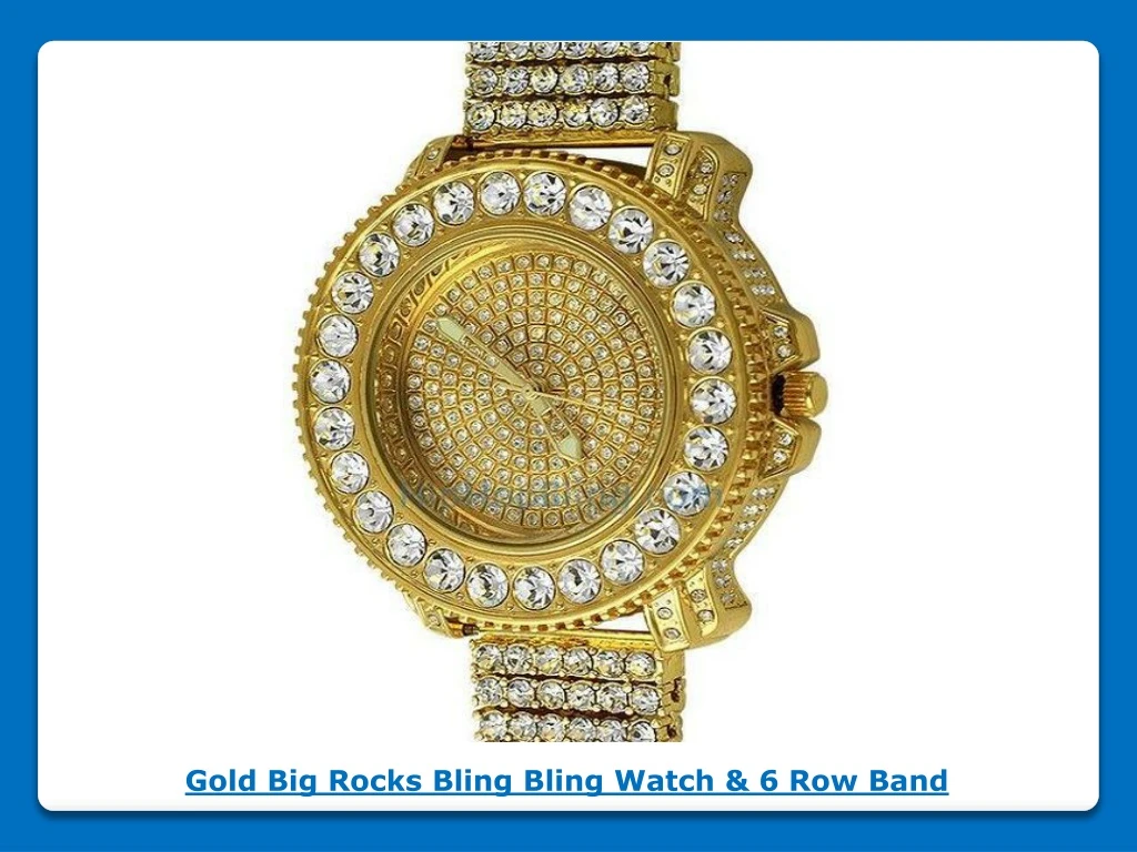 gold big rocks bling bling watch 6 row band