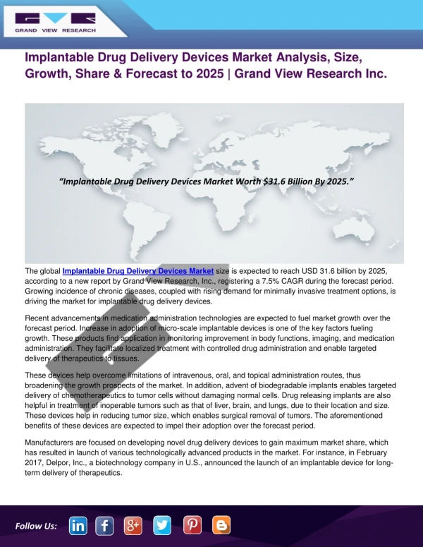 Implantable Drug Delivery Devices Market Analysis by Type, Product, Application and Forecast to 2025