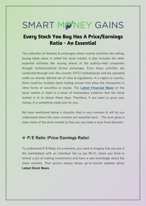Every Stock You Buy Has A Price/Earnings Ratio - An Essential