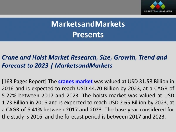 Crane and Hoist Market Research, Size, Growth, Trend and Forecast to 2023 | MarketsandMarkets