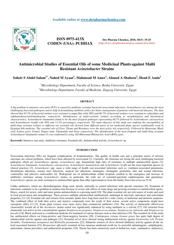 Antimicrobial Studies of Essential Oils of some Medicinal Plants against Multi Resistant Acinetobacter Strains