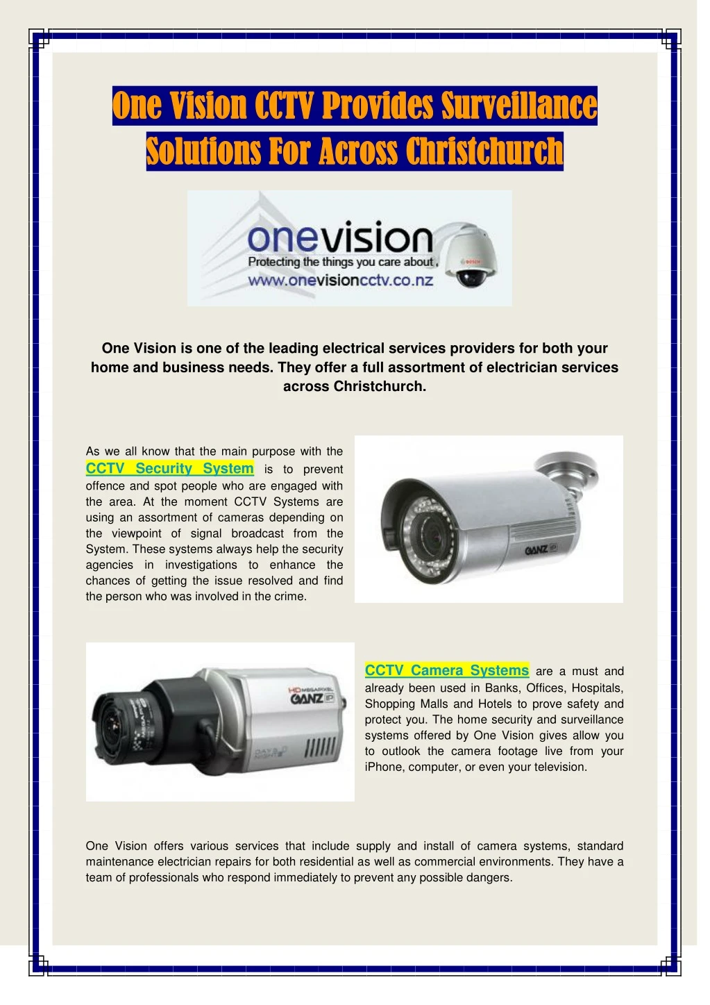 one vision c one vision cctv solutions for across