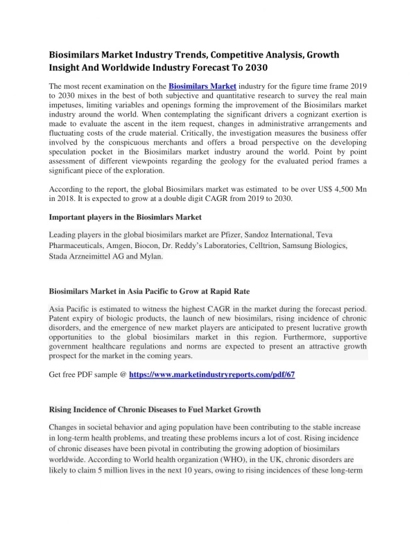 Biosimilars Market Industry Trends, Competitive Analysis, Growth Insight And Worldwide Industry Forecast To 2030