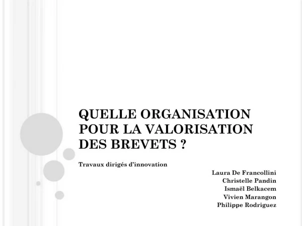 QUELLE ORGANISATION POUR LA VALORISATION DES BREVETS