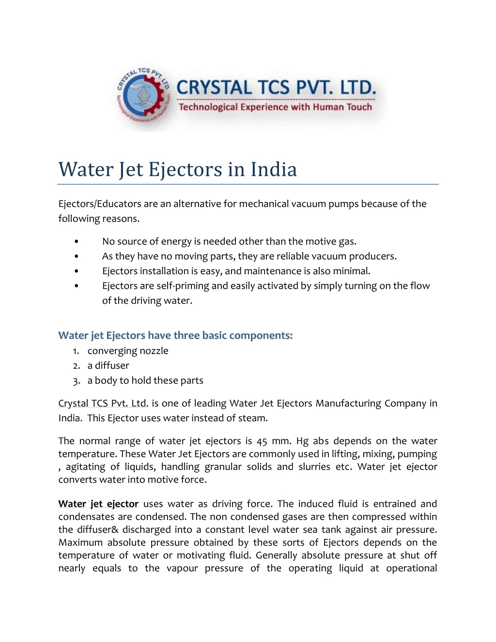 water jet ejectors in india