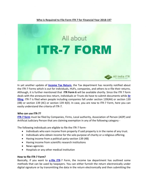 Who is Required to File Form ITR 7 for Financial Year 2018-19?