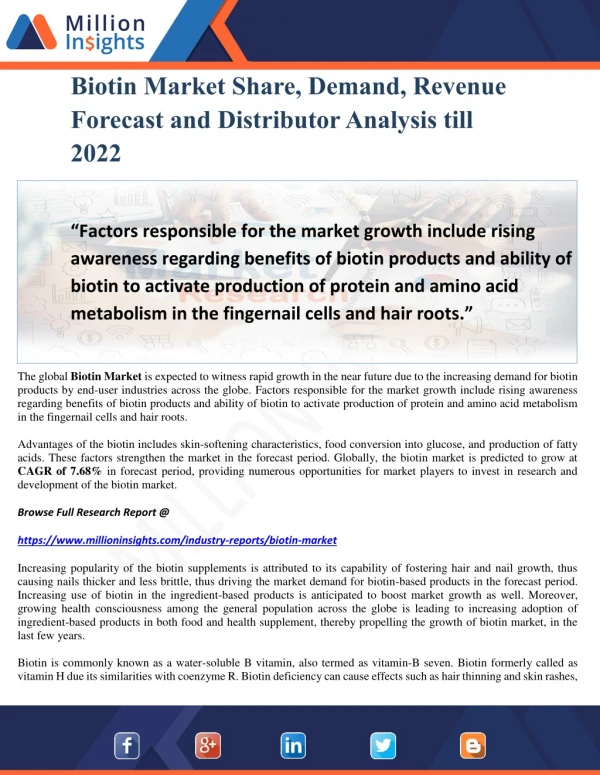 Biotin Market Share, Demand, Revenue Forecast and Distributor Analysis till 2022