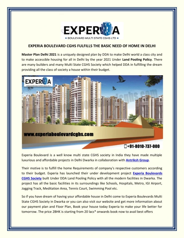 EXPERIA BOULEVARD CGHS FULFILLS THE BASIC NEED OF HOME IN DELHI