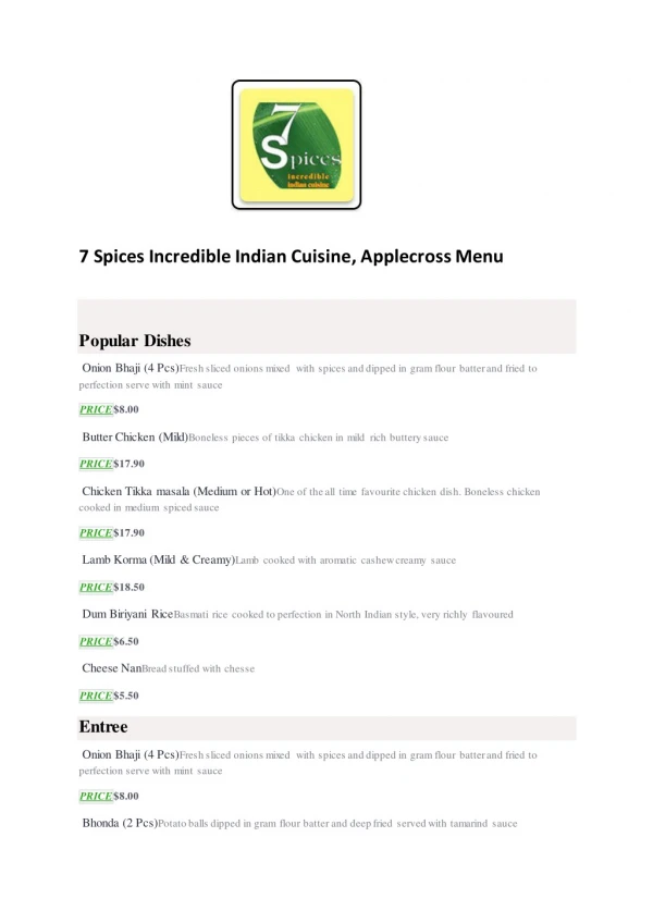 5% Off - 7 Spices Incredible Indian Cuisine-Applecross - Order Food Online