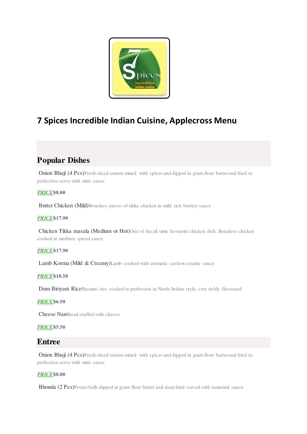 7 spices incredible indian cuisine applecross menu