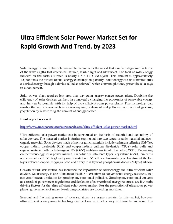 Ultra Efficient Solar Power Market Set for Rapid Growth And Trend, by 2023