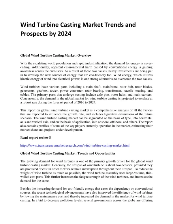 Wind Turbine Casting Market Trends and Prospects by 2024