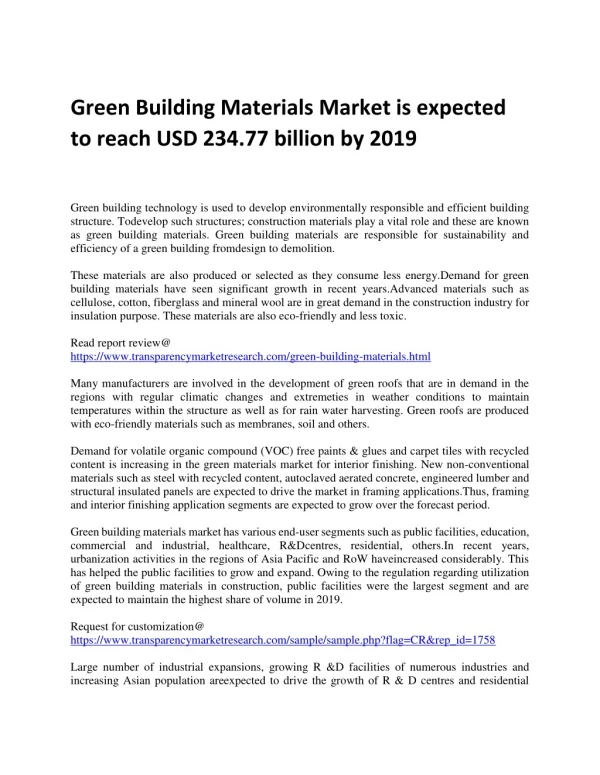 Green Building Materials Market is expected to reach USD 234.77 billion by 2019