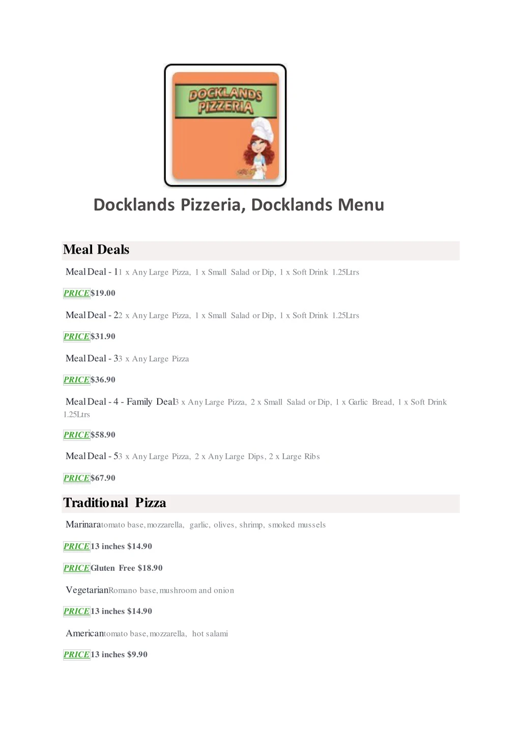 docklands pizzeria docklands menu