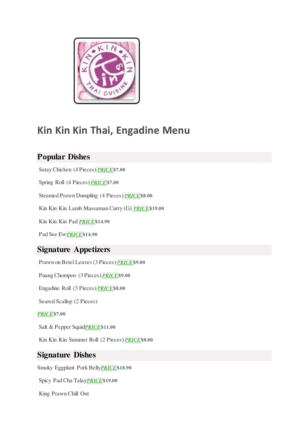 kin kin kin thai engadine menu