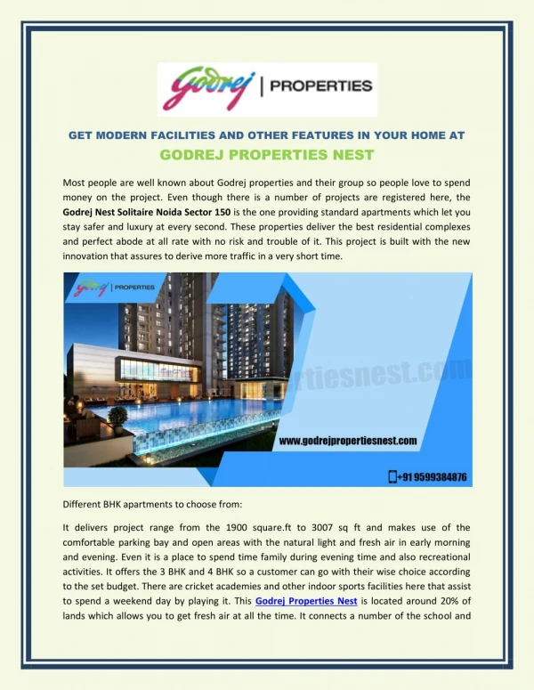 Get Modern Facilities and Other Features in your home at Godrej Properties Nest