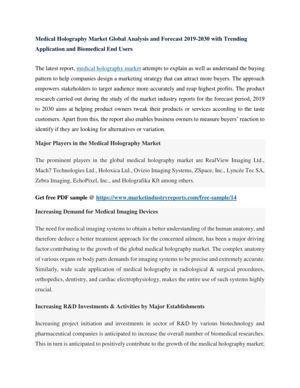 Medical Holography Market: Global Industry Analysis, Trend, Size, Share - Business Growth, Opportunity, Forecast by 2030