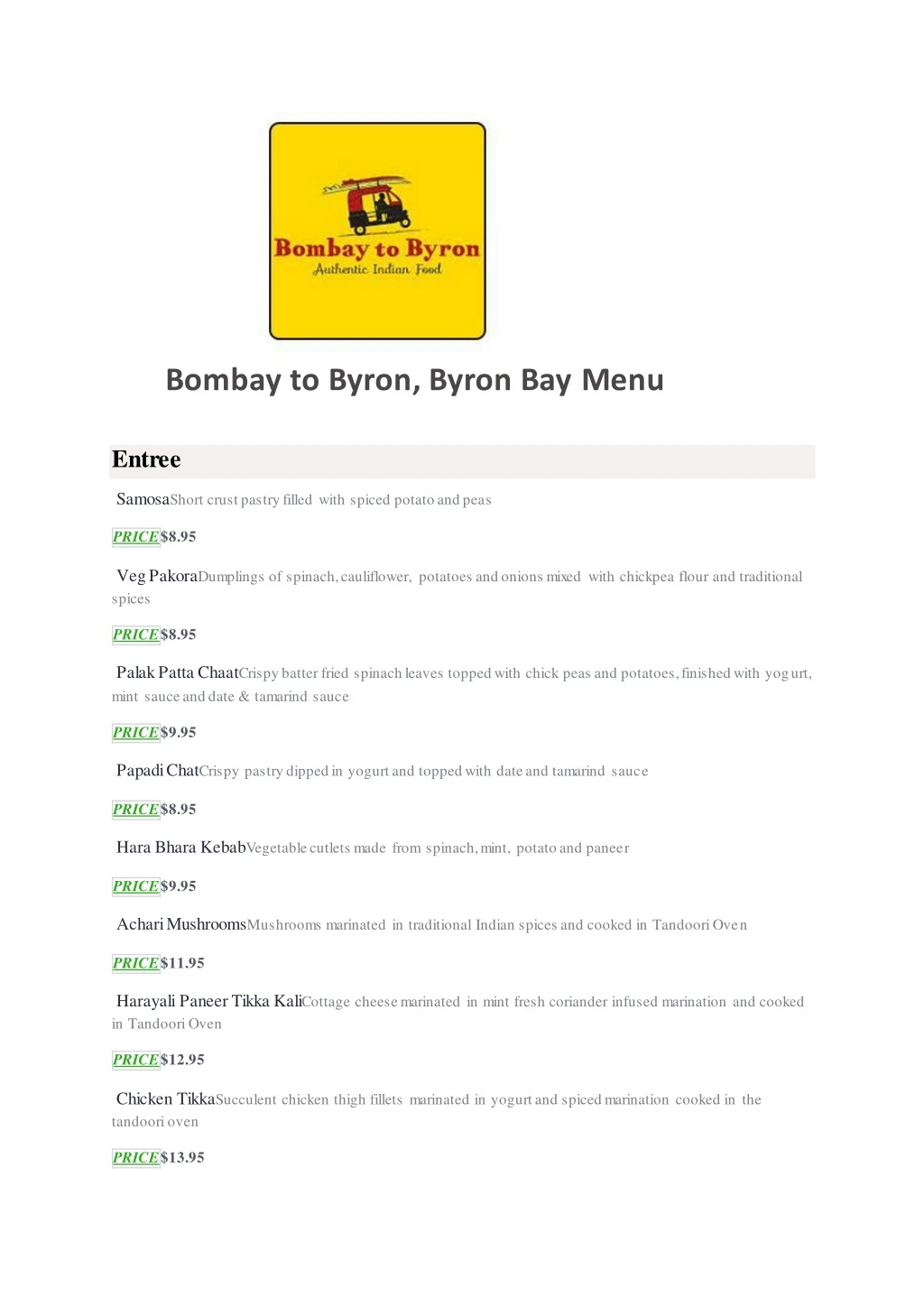 bombay to byron byron bay menu