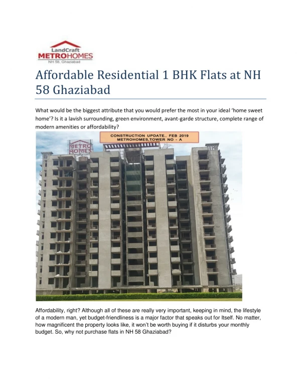 Affordable Residential 1 BHK Flats at NH 58 Ghaziabad
