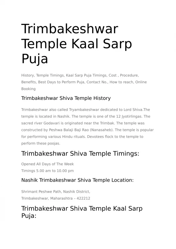Trimbakeswar Kaal Sarp Pooja Dates|procedure & Benifits|Online Booking