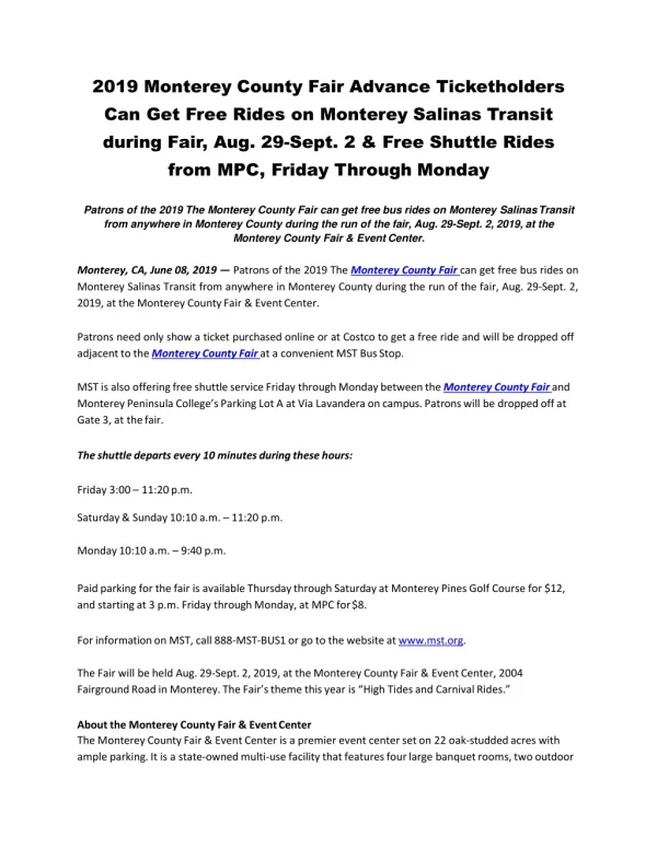 2019 Monterey County Fair Advance Ticketholders Can Get Free Rides on Monterey Salinas Transit during Fair