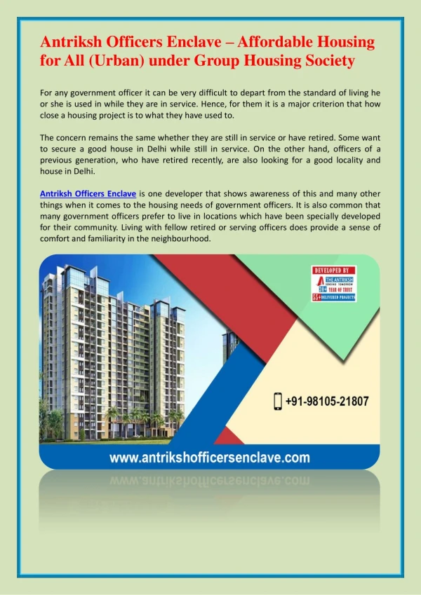 Antriksh Officers Enclave – Affordable Housing for All (Urban) Under Group Housing Society