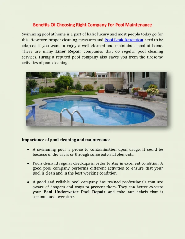 Benefits Of Choosing Right Company For Pool Maintenance