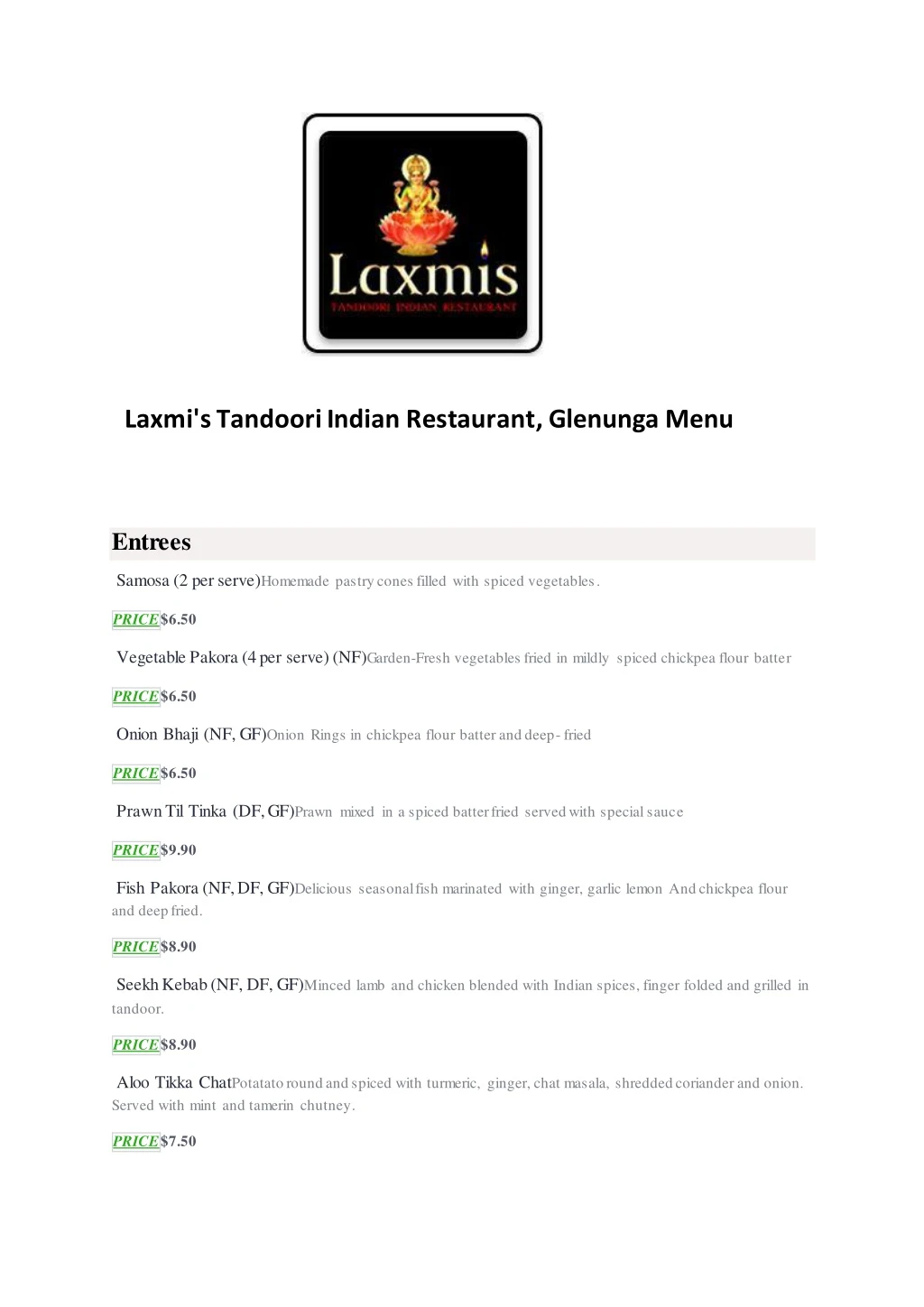 laxmi s tandoori indian restaurant glenunga menu