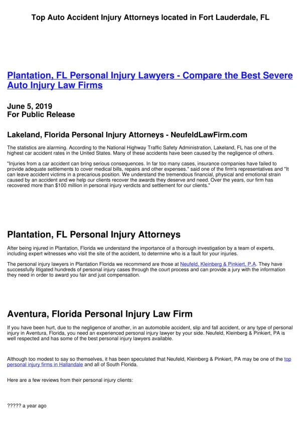 5 star Reviews Personal Injury Law Firms located in Plantation, FL