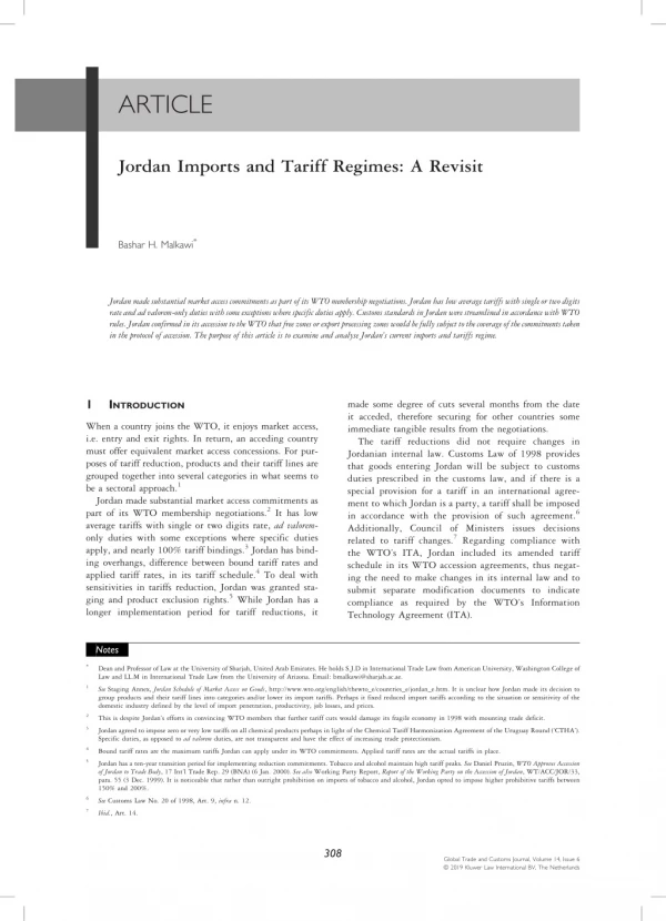 Bashar Malkawi, Jordan's Import and Tariff's Regime: A Revisit