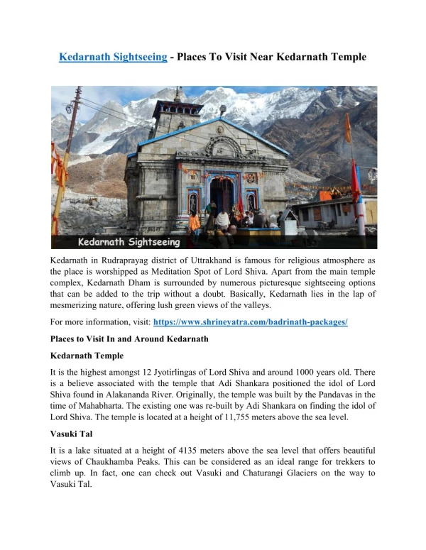 Kedarnath Sightseeing - Places To Visit Near Kedarnath Temple
