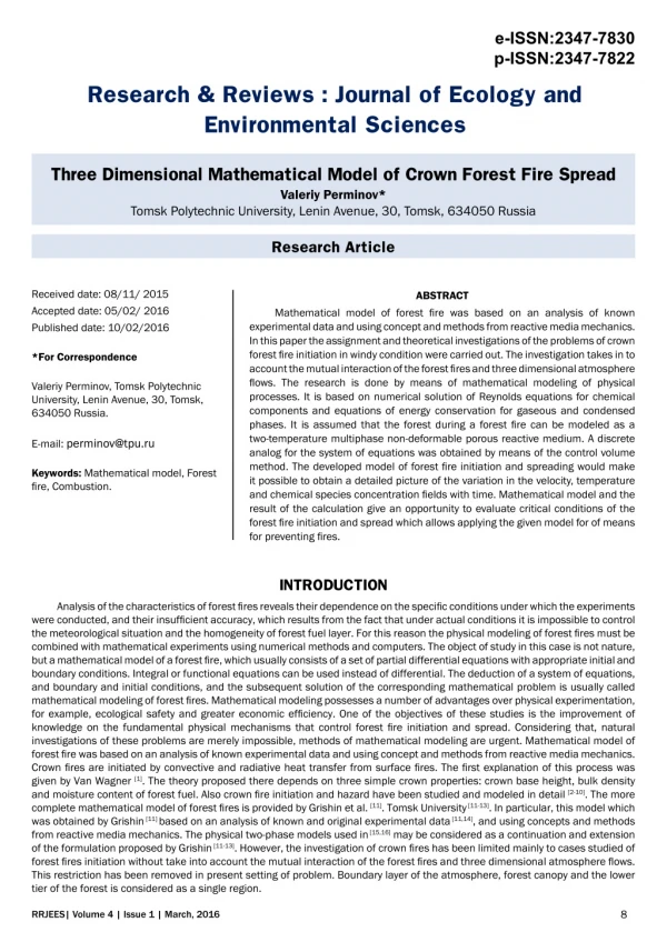 Three Dimensional Mathematical Model of Crown Forest Fire Spread