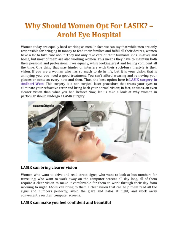 Why Should Women Opt For LASIK? - Arohi Eye Hospital