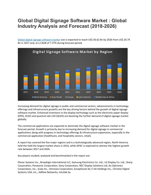 Global Digital Signage Software Market : Global Industry Analysis and Forecast (2018-2026)