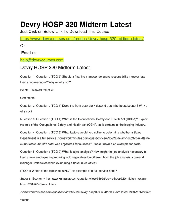 Devry HOSP 320 Midterm Latest