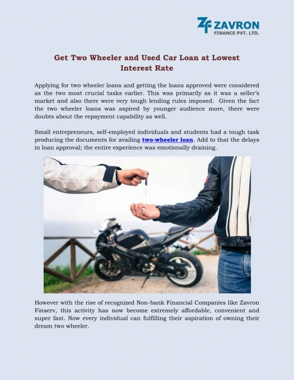 Get Two Wheeler and Used Car Loan at Lowest Interest Rate