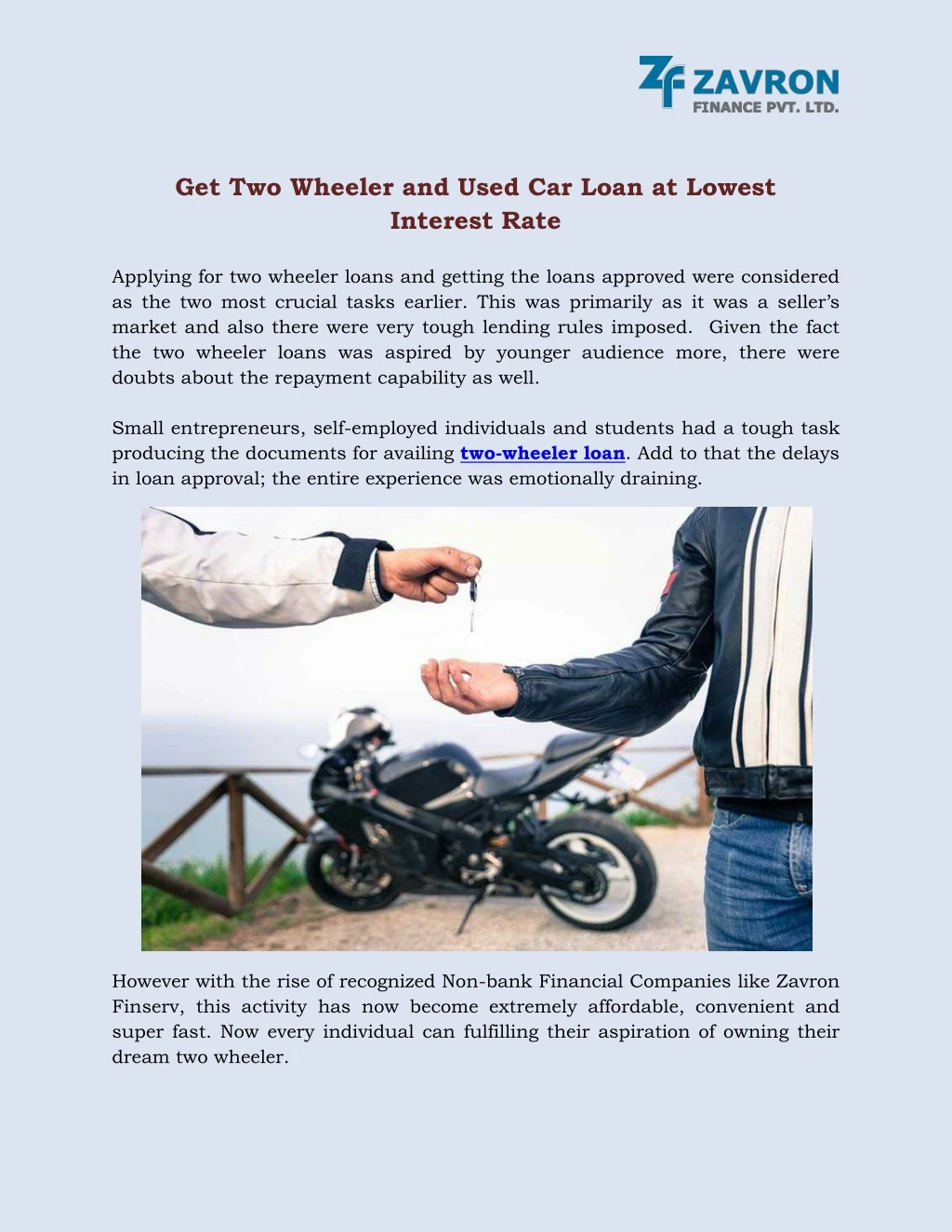 get two wheeler and used car loan at lowest