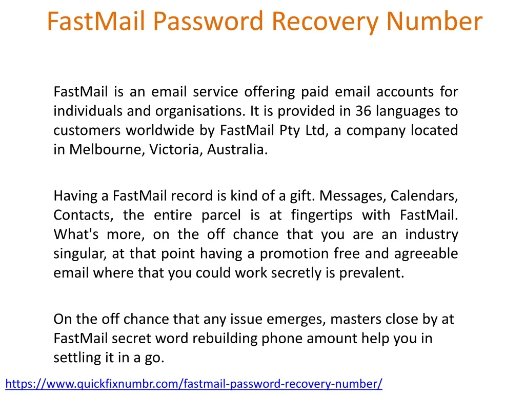 fastmail password recovery number