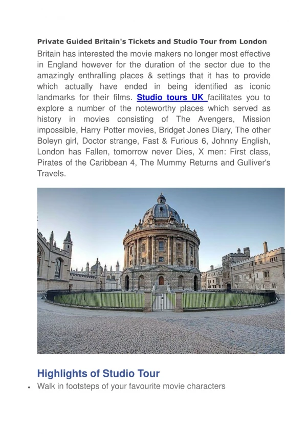 Private Guided Britain's Tickets and Studio Tour from London