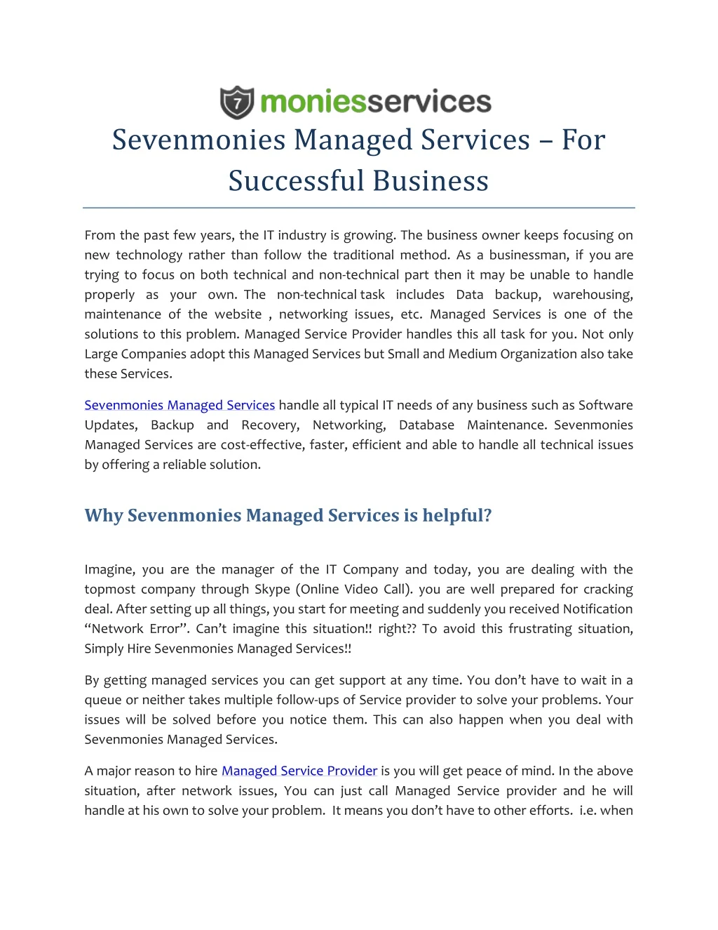 sevenmonies managed services for successful